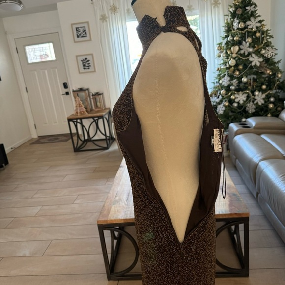 Riaziee Boutique Bronze Pure Silk Formal Beaded Mini Dress Size 4 - Picture 6 of 17